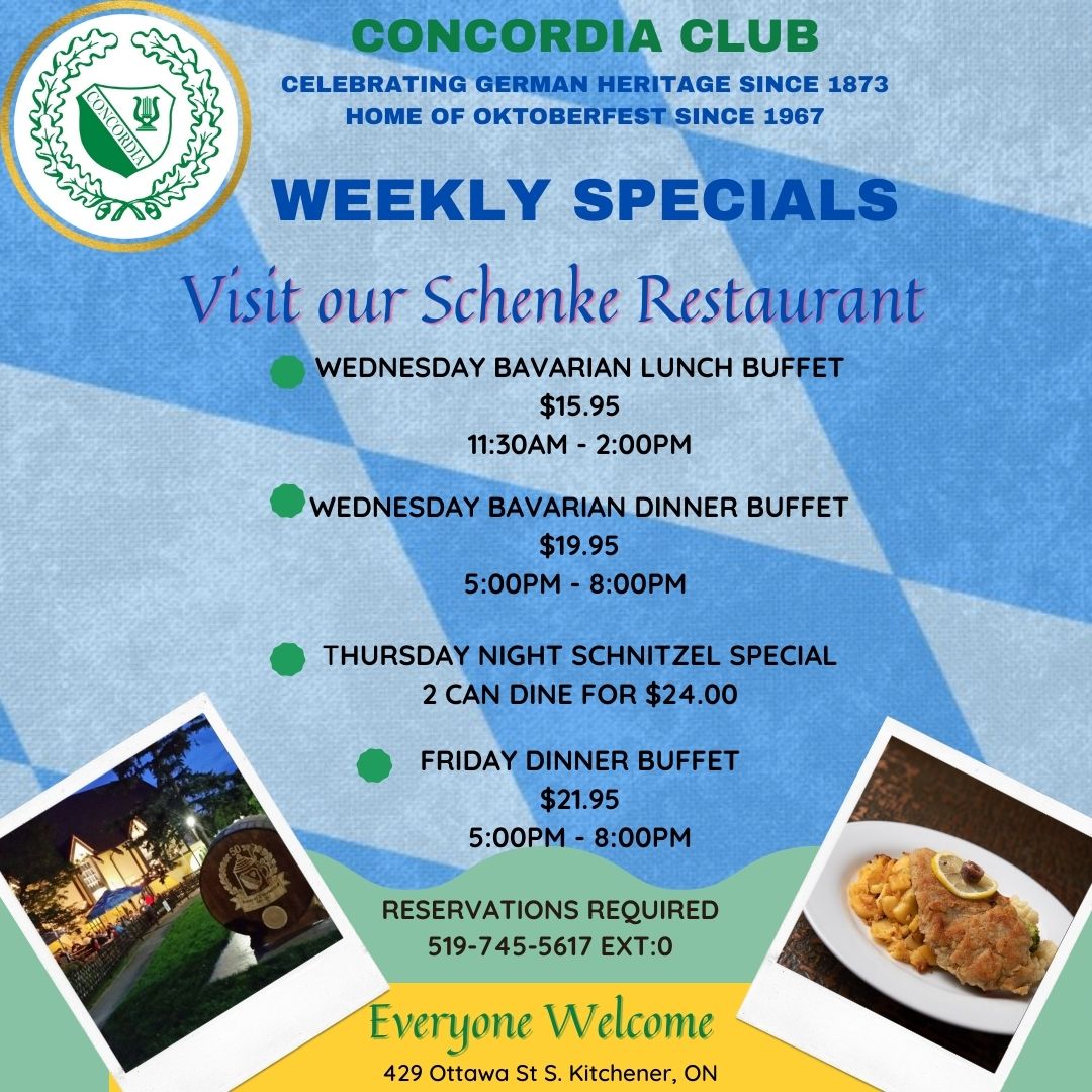 concordiac's tweet photo. Our Wednesday and Friday buffets are back starting this week!! A great selection of salads, schnitzel and more! Call to make your reservation. https://t.co/MkmDbu9EEV