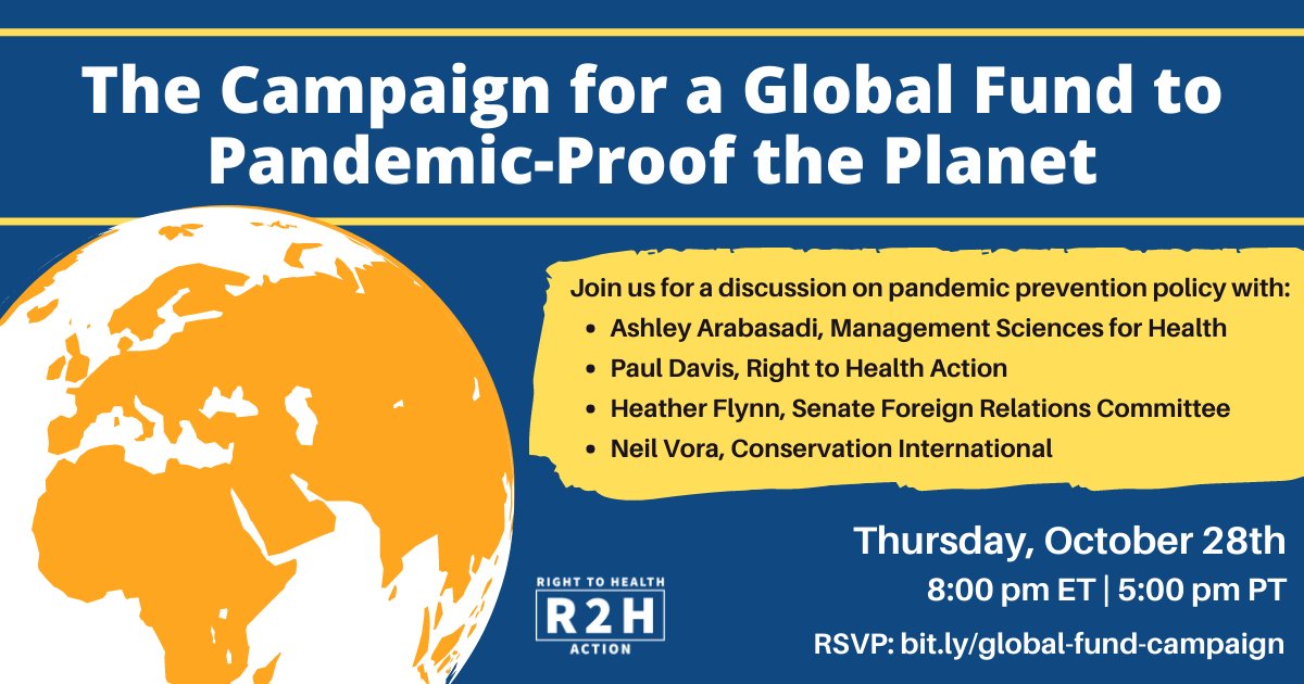 Why do we need a global fund to pandemic-proof the planet? 

Learn more during our virtual teach-in on Oct 28 at 8pm ET w/ our line-up of panelists from @MSHHealthImpact @ConservationOrg @SFRCdems
 
 RSVP at: r2haction.org/global-fund 

#PandemicPrevention #healthequity