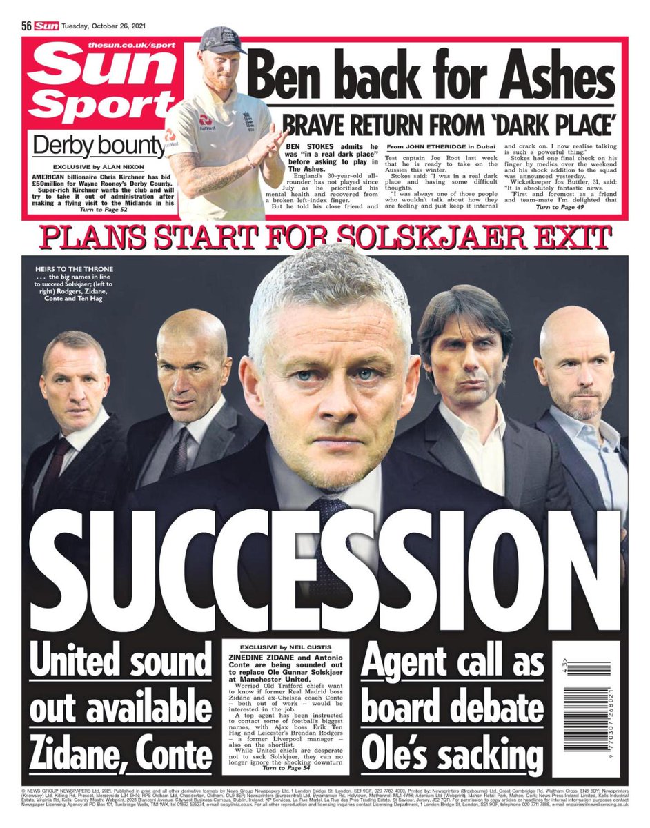 Sun Sport on Twitter: &quot;Here is tomorrow&#39;s @SunSport back page: SUCCESSION:  Man Utd have sounded out four names to replace Ole Gunnar Solskjaer  including Zinedine Zidane and former Chelsea boss Antonio Conte