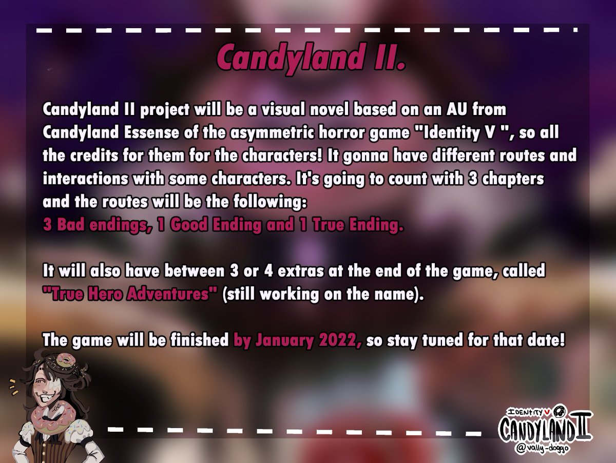 CandyLand2IDV's tweet image. More information about What is Candyland II Project is, the game summary, the extras summary and the game trigger warnings! 

Also the date released, feed back and shares will be appreciated!
(thanks for reading in advance &amp;lt;3)
#IDVcandylandII #CandylandII #IdentityV