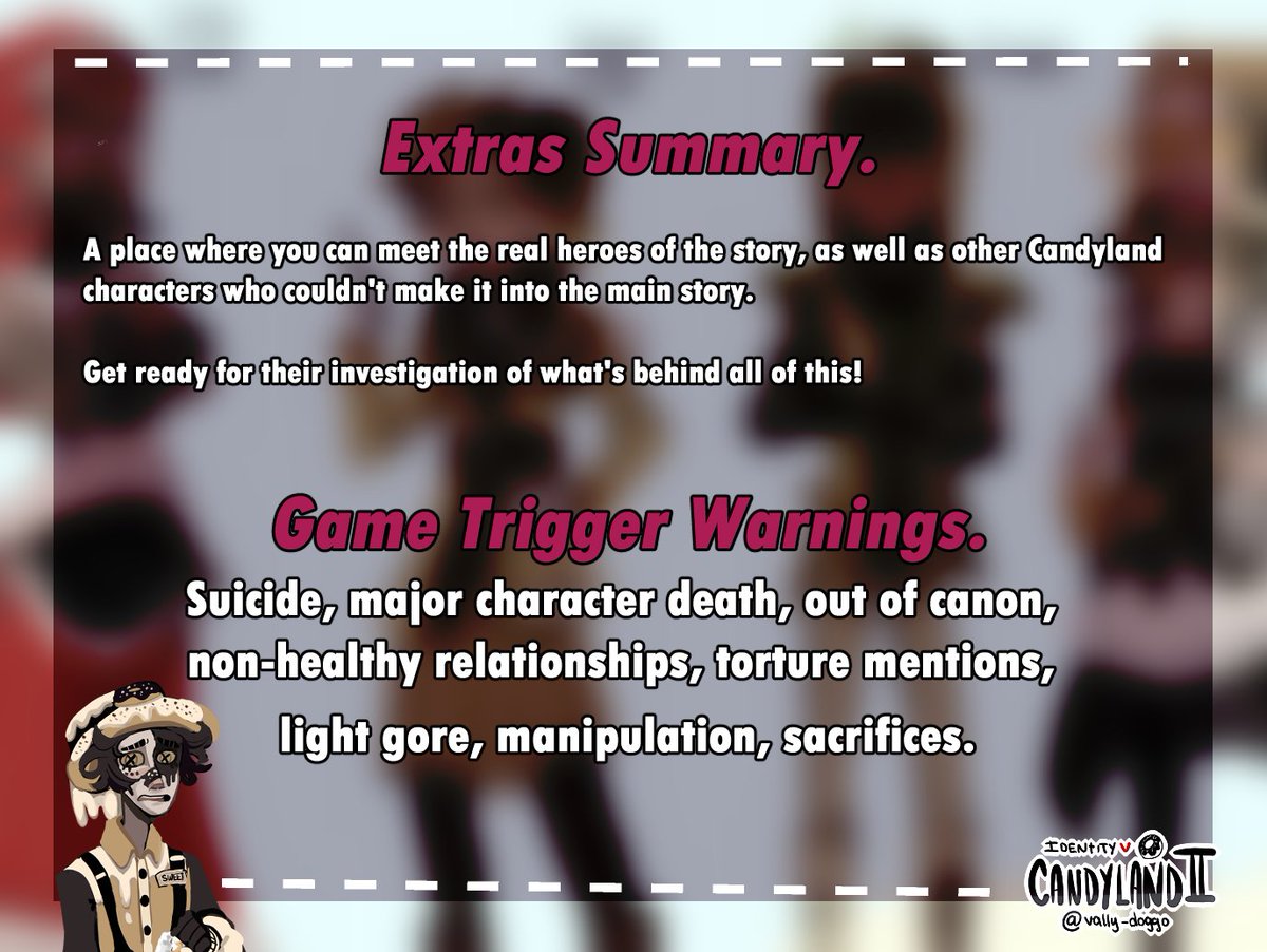 CandyLand2IDV's tweet image. More information about What is Candyland II Project is, the game summary, the extras summary and the game trigger warnings! 

Also the date released, feed back and shares will be appreciated!
(thanks for reading in advance &amp;lt;3)
#IDVcandylandII #CandylandII #IdentityV