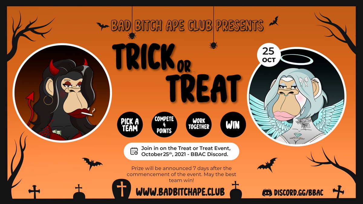 BBAC_NFT's tweet photo. We just went live with our Trick or Treat event on Discord!

Earn points &amp; win prizes for you and your team 🎃

Join the Discord and take part in the fun 

https://t.co/iTZkIJoj4i

Our sabotague the enemy team event will be starting tomorrow, think you're sneaky? Prove it! https://t.co/2zw7q5eNwK