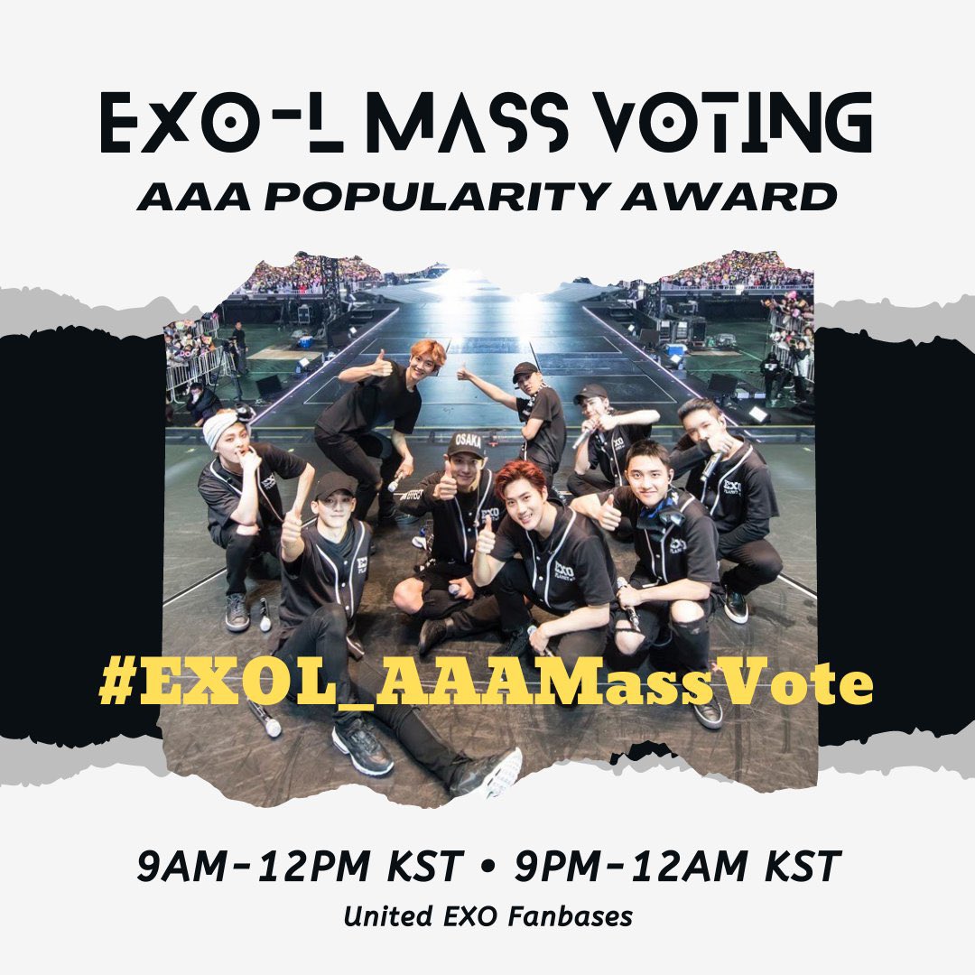 AAA VOTACIÓN MASIVA

EXO-L únanse a nuestra votación masiva diaria. 
🗓 9AM A 12PM KST
      9PM A 12AM KST

Utilicen #EXOL_AAAMASSVOTE

Links de votación: aaa-ret.com/en/a/artists
global.idollive.tv/vote/YWEzOWVhMG

#EXO <a href="/weareoneEXO/">EXO</a>