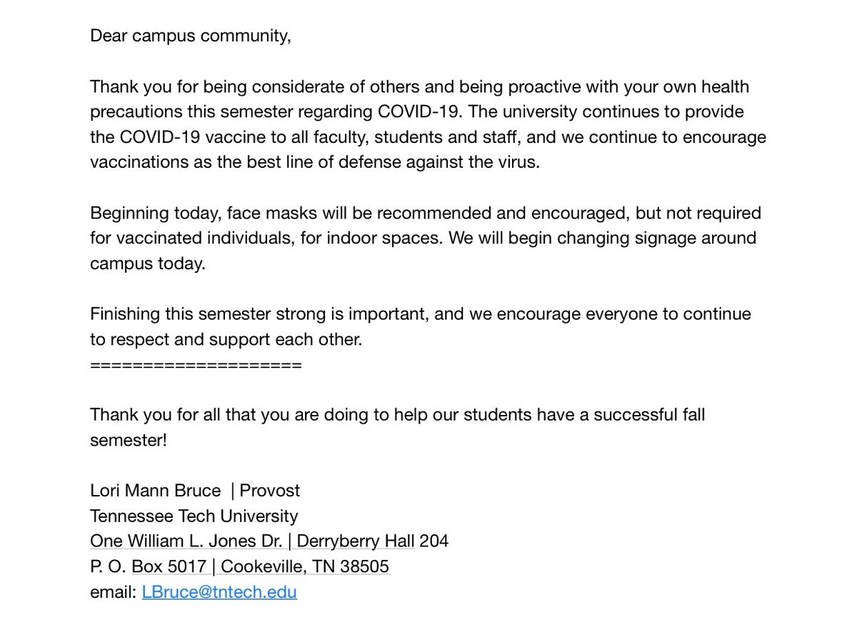 INBOX: We’re told Tomorrow <a href="/tennesseetech/">Tennessee Tech</a> will lift the mask requirement with this email being circulated…