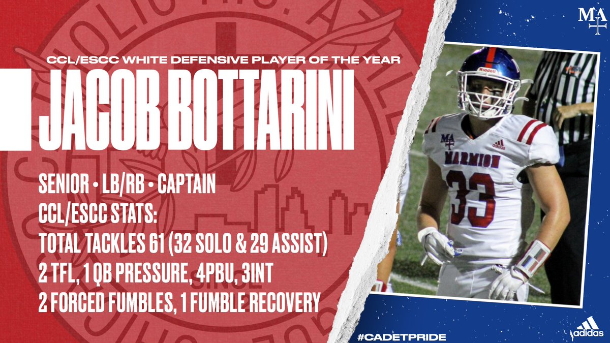 MarmionAD's tweet photo. Congratulations to senior Jacob Bottarini on being named CCL/ESCC White Defensive Player of The Year! Hard work pays off. #CADETPRIDE @pchabura @MarmionFB https://t.co/XR4z0IuR35