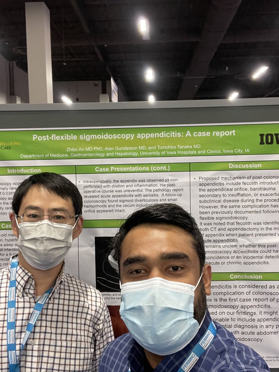 Asadalidr's tweet photo. @uiowa GI fellows @e_brindise, Zhibo An presenting posters @AmCollegeGastro. #ACG2021 #learningtogether 🧑‍🎓👨🏻‍🎓 https://t.co/R7TPXyPDNr