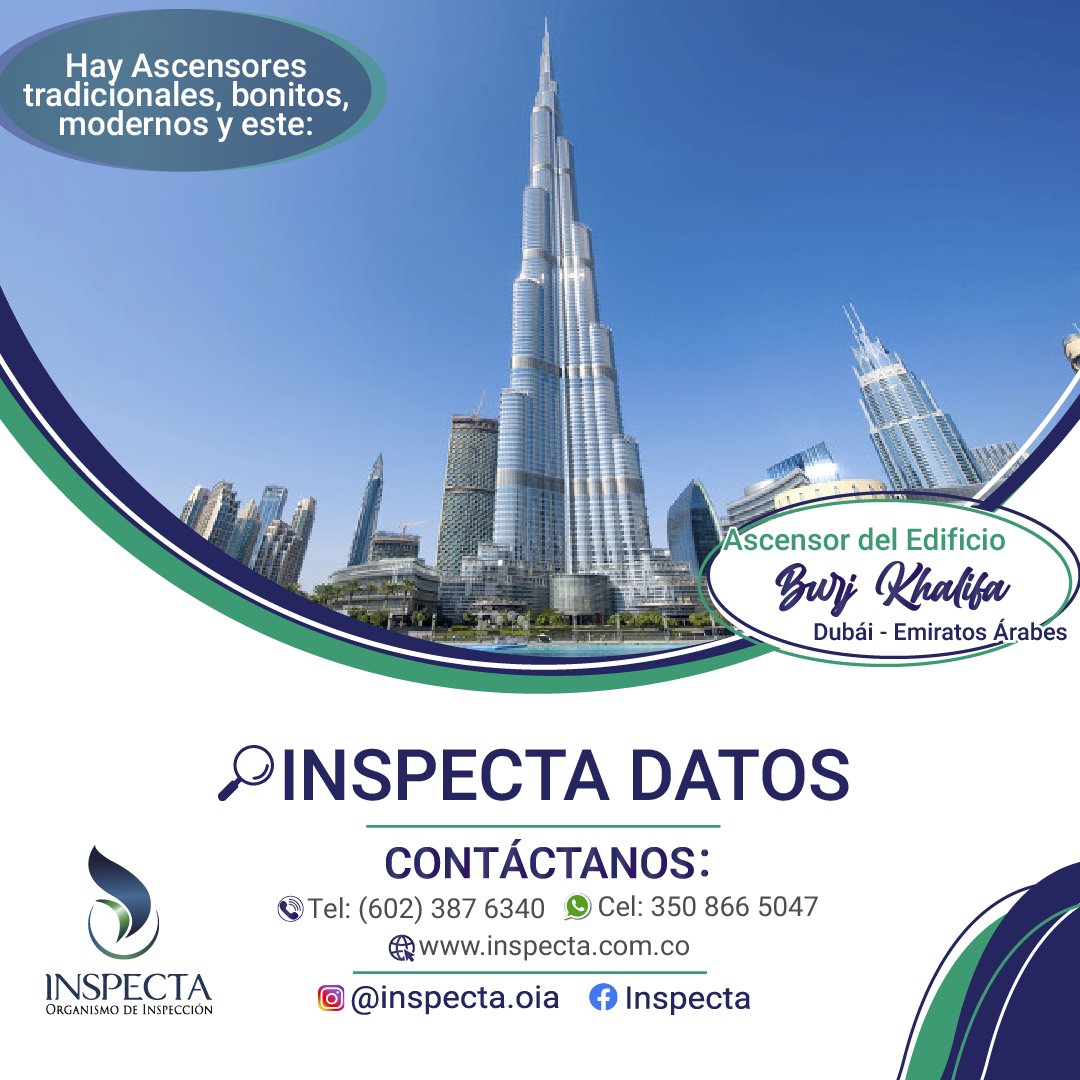 inspectaoia's tweet photo. 📌 En el #INSPECTADATO de hoy te compartimos el Ascensor más alto del mundo "El Ascensor Central del Edificio/Rascacielos #BurjKhalifa" en #Dubái.
Este ascensor recorre 504 metros de altura, lo cual es un récord Mundial!
.
#Inspecta #datos https://t.co/KG0qV69e42