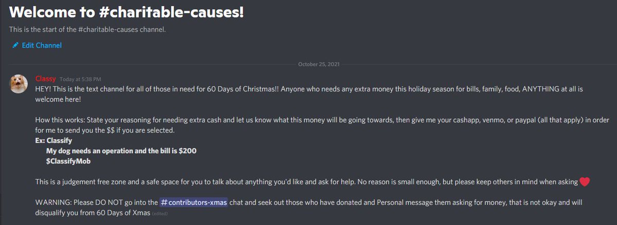 Class's tweet photo. HEYY TWITTER 👋

Today I am launching a small project in my Discord called 60 Days of Xmas!! 

There 2 text channels, Contributors &amp; Charitable Causes! The goal is to share some love this Christmas with those who might need it a bit more than you :) 

DETAILS TO JOIN &amp; BELOW 👇 https://t.co/zdXs7mC4iS