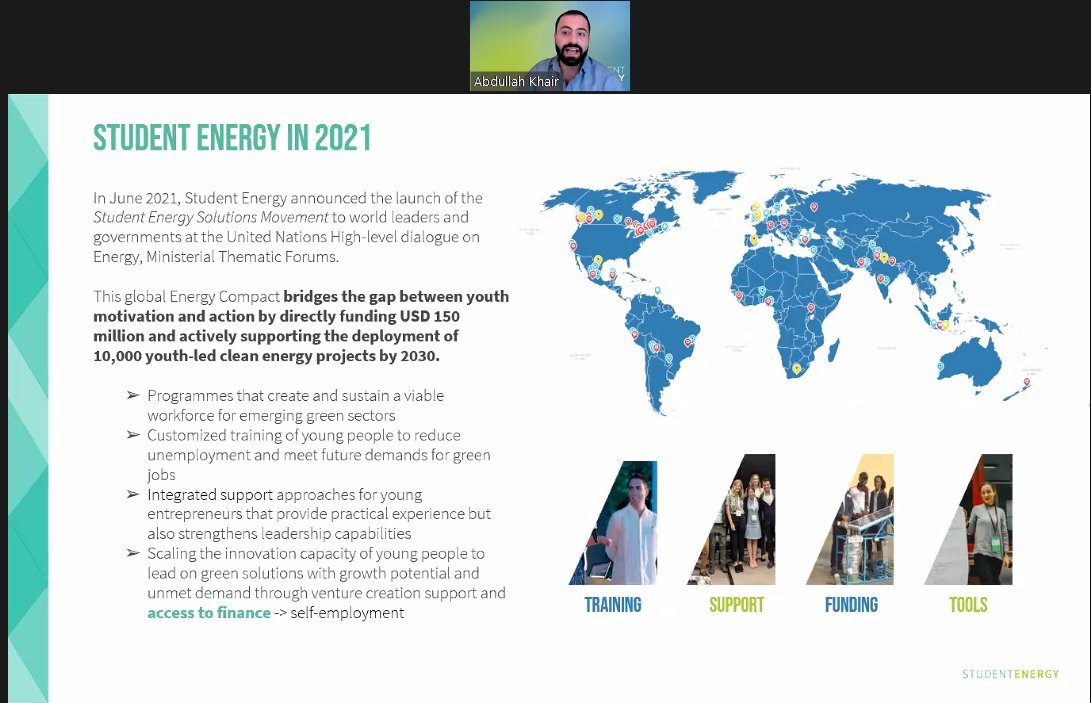 GGGI_LAC's tweet photo. Abdullah Khair, Strategic & Global Partnerships Manager at @studentenergy just shared some of the expected impacts they have for their Student Energy Solutions Movement.
#GGGWeek #GGGWEEK2021 #GreenRecovery #GreenJobs #NetZero2050 #Buildbackbetter https://t.co/CrHmHqCIag