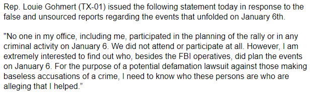 replouiegohmert's tweet photo. For the purpose of a potential defamation lawsuit against those making baseless accusations of a crime, I need to know who these persons are who are alleging that I helped. #J6 https://t.co/FngvSUrD7a