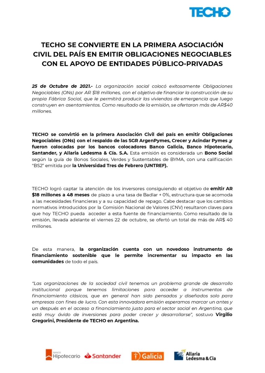 fchuit's tweet photo. Hoy nuestro país es un poquito mejor... Acaba de suceder un hito en la Argentina, una ONG @TECHOarg se financia en el Mercado de Capitales @CNVArgentina!!
Gracias @BancoGalicia @Santander_Ar @AllariaLedesma @BcoHipotecario por acompañar en esta gesta!!
#invimp #techo @VGregorini https://t.co/t4IqyoGJDY