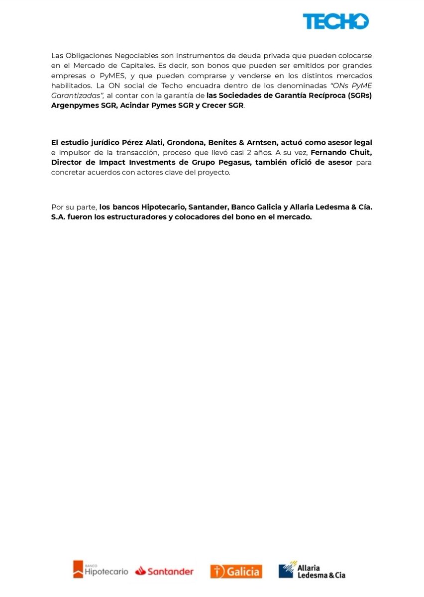 Hoy nuestro país es un poquito mejor... Acaba de suceder un hito en la Argentina, una ONG <a href="/TECHOarg/">TECHO Argentina</a> se financia en el Mercado de Capitales <a href="/CNVArgentina/">CNV Argentina</a>!!
Gracias <a href="/BancoGalicia/">Galicia</a> <a href="/Santander_Ar/">Santander Argentina</a> @AllariaLedesma <a href="/BcoHipotecario/">Banco Hipotecario</a> por acompañar en esta gesta!!
#invimp #techo <a href="/VGregorini/">Virgilio GREGORINI</a>