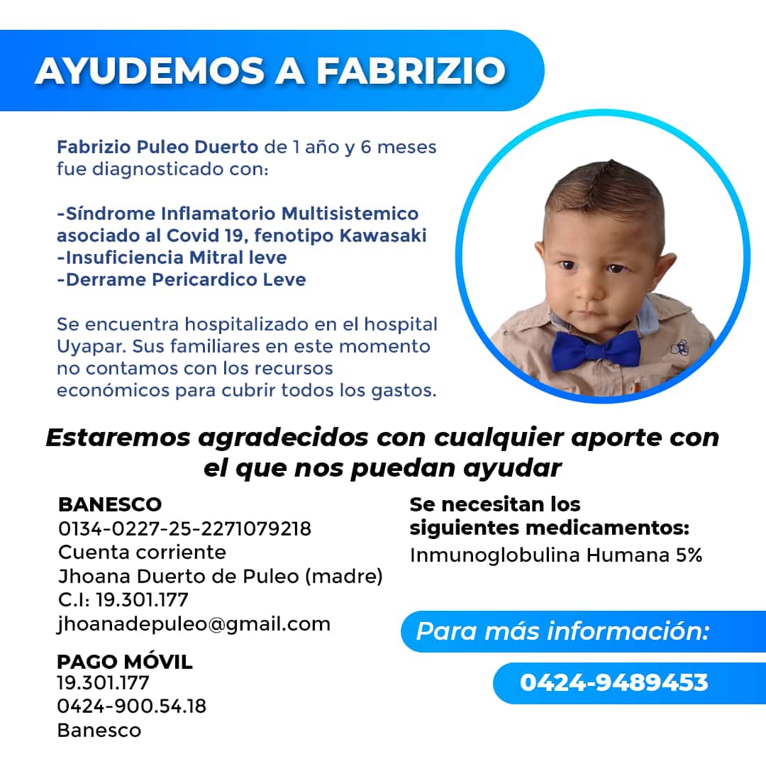 rosasalazar11's tweet photo. Gobernador @GobJustoNoguera Sabiendo el compromiso con la salud del semillero patrio hoy se necesita URGENTE AMPOLLAS DE INMUNOGLOBULINA HUMANA al 5%  Fabrizzio Puleo hospitalizado en  Uyapar con Kawasaki.tlf 04249489453 Juan Puleo (papá) @dcabellor @NicolasMaduro @amarcanopsuv https://t.co/9P3gk7kFbP