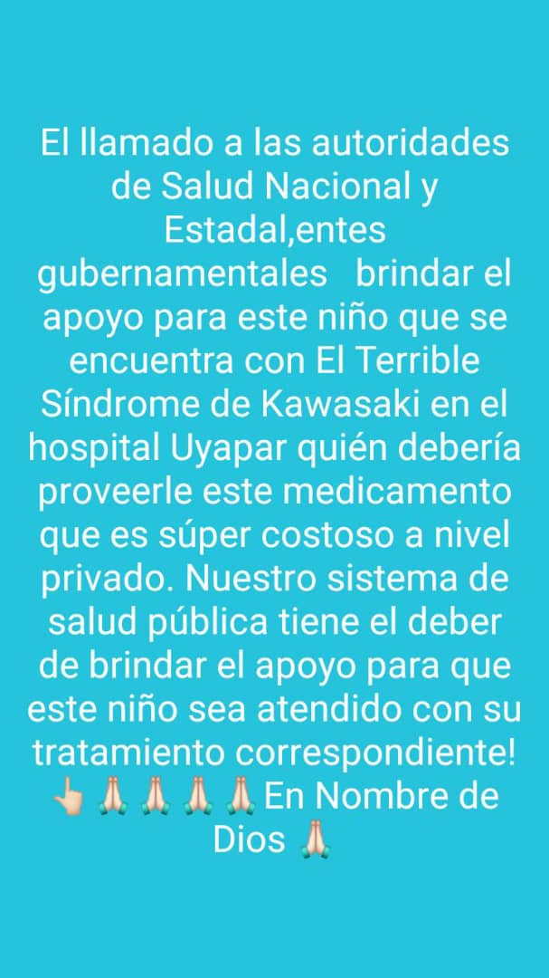 rosasalazar11's tweet photo. Gobernador @GobJustoNoguera Sabiendo el compromiso con la salud del semillero patrio hoy se necesita URGENTE AMPOLLAS DE INMUNOGLOBULINA HUMANA al 5%  Fabrizzio Puleo hospitalizado en  Uyapar con Kawasaki.tlf 04249489453 Juan Puleo (papá) @dcabellor @NicolasMaduro @amarcanopsuv https://t.co/9P3gk7kFbP