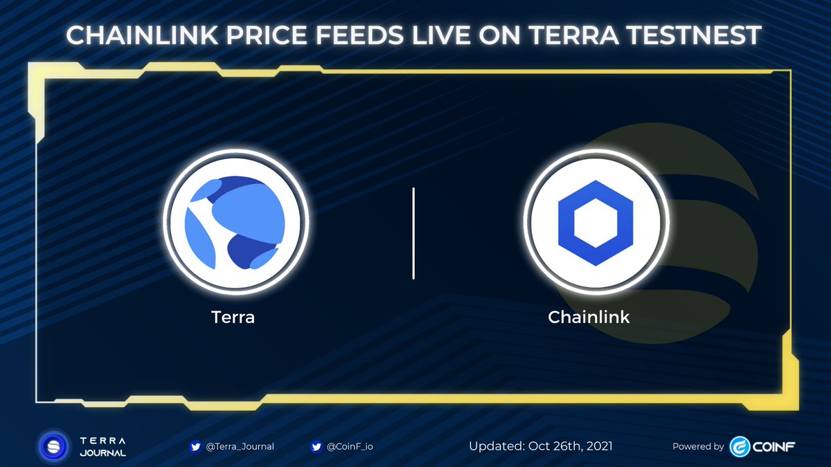 Terra_Journal's tweet photo. @chainlink  price feeds now live on @terra_money  TESTNEST!
Stay tuned for upcoming developments with the Chainlink integration 🔥🔥🔥🔥🔥
More detail: https://t.co/NSin7s3Cxn
#Terra #Chainlink $LUNA $LINK #CoinF #TerraJournal https://t.co/8df4kt28oZ