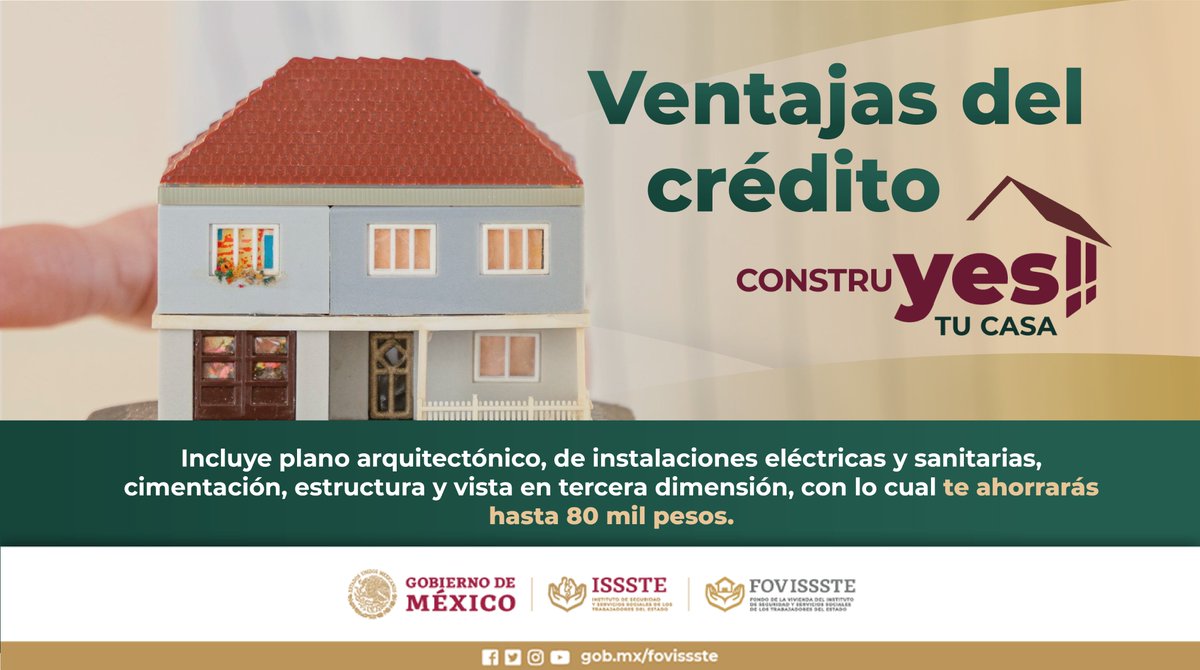 FOVISSSTEmx's tweet photo. En el FOVISSSTE te ayudamos a construir tu casa; conoce más sobre el crédito #CONSTRUyes y no pierdas la oportunidad de inscribirte.
Más información en: https://t.co/ftQOSydneQ https://t.co/XVc9ipknYR