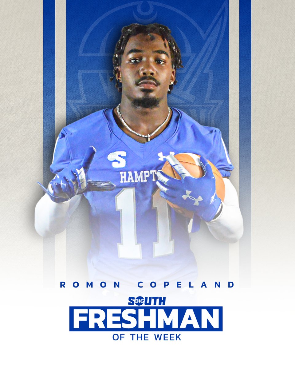 BigSouthSports's tweet photo. He made three catches for 112 yards, including a 72-yard TOUCHDOWN!

@Hampton_FB's Romon Copeland is the #BigSouthFB🏈 Freshman of the Week! https://t.co/saMtSmOhw8