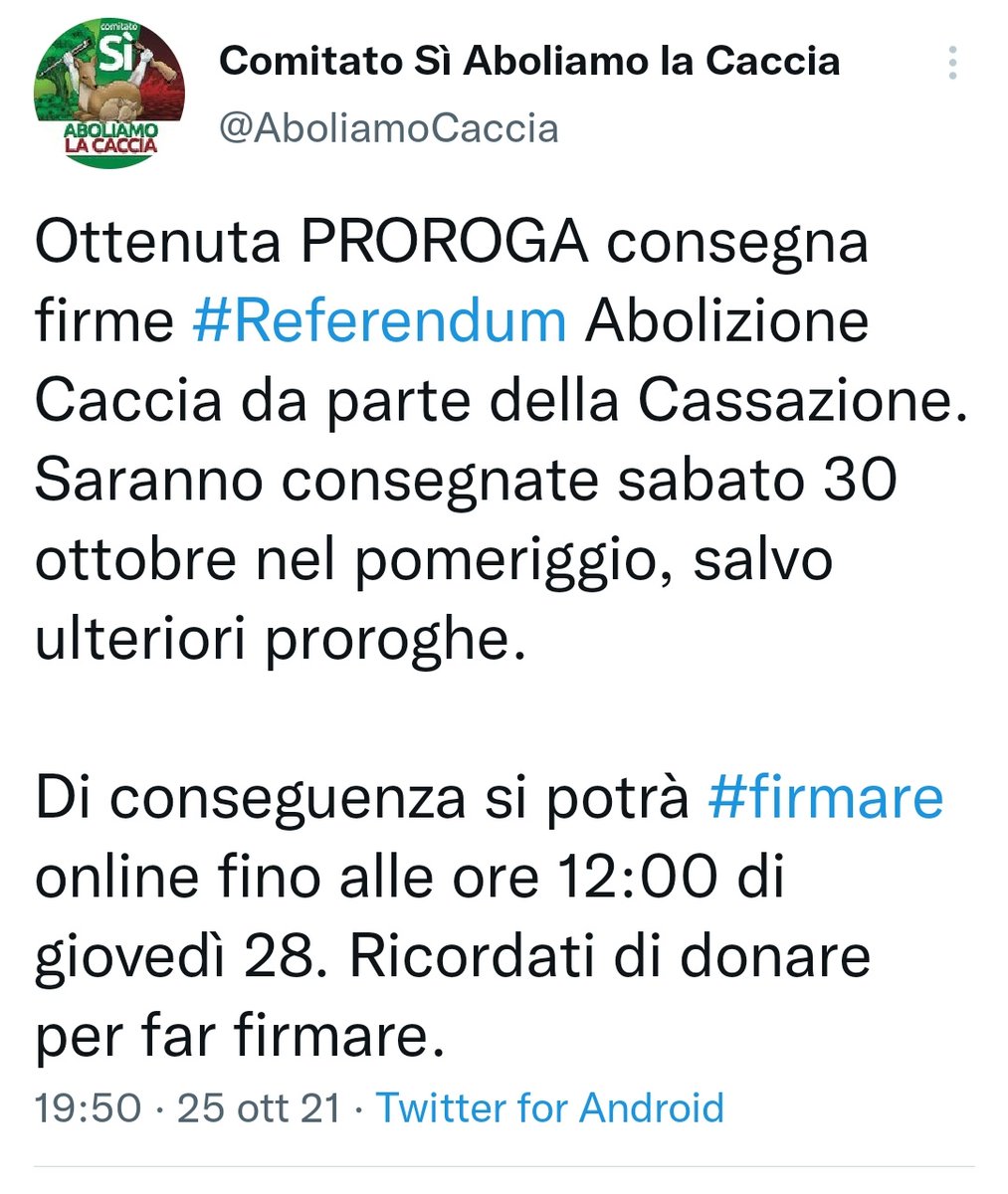 riky7372's tweet photo. 🛑ATTENZIONE🛑
OTTENUTA PROROGA CONSEGNA FIRME ONLINE PER #REFERENDUMCACCIA
Si potrà firmare fino alle 12.00 di giovedì 28 ottobre.

Facciamo girare! https://t.co/M6Zd5KTM38