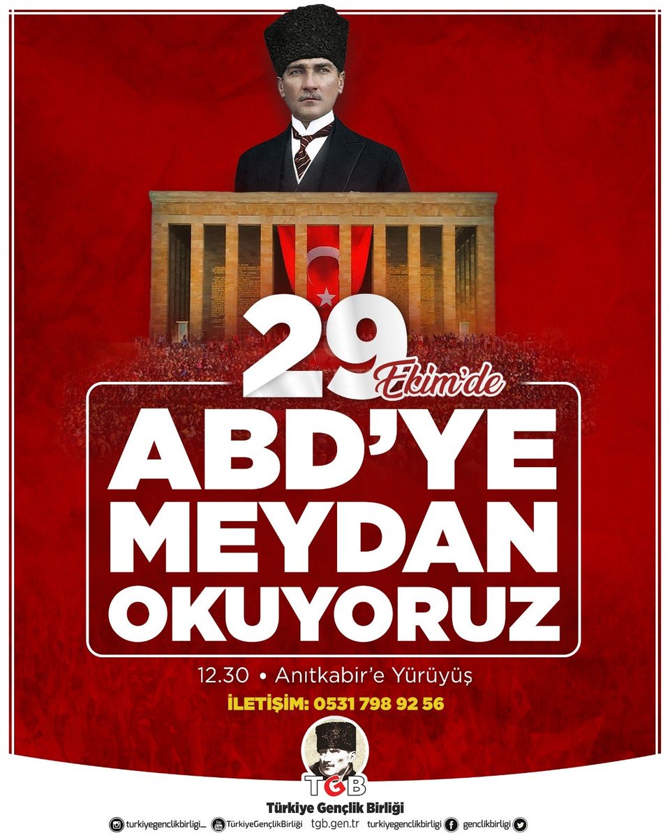 29 EKİM'DE ABD'YE MEYDAN OKUYORUZ! 🇹🇷

98 yıl önce olduğu gibi bugün de emperyalizme meydan okuyoruz!

İkinci İstiklal Savaşımızda zaferler kazanmak için #29Ekim'de Gençlik AtasınaYürüyor!

⏰ 12.30 📍 Birinci Meclis