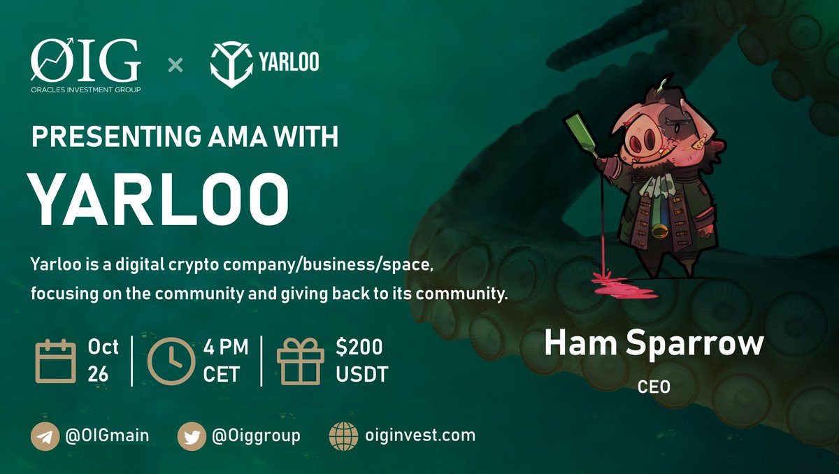 📣OIG is excited to host an AMA with 
@Yarloo_RST 
 
Prize Pool: 200 USDT 
Date: October 26th
Time: 4PM CET
Where: t.me/OIGmain

To take part and win, follow: 
@Yarloo_RST 
 &amp;  
<a href="/Oiggroup/">OIG Capital</a>

Then: Like, retweet, add your questions and tag 3 friends 👈👈👈