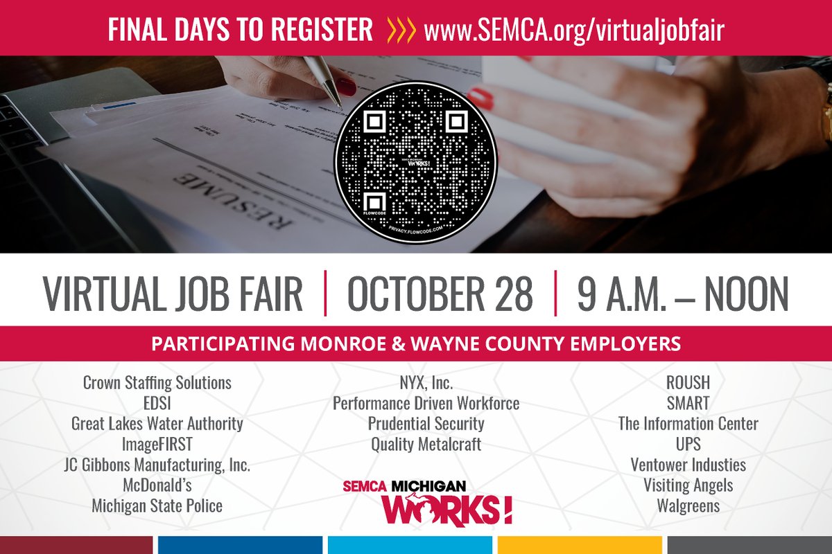 SEMCAMiWorks's tweet photo. FINAL DAYS TO REGISTER
October 28  | 9 A.M. – NOON 

REGISTER  ➡️ https://t.co/69BeI2ftUD
VIEW JOBS  ➡️ https://t.co/0jMMY4chip https://t.co/IwftBX48v1