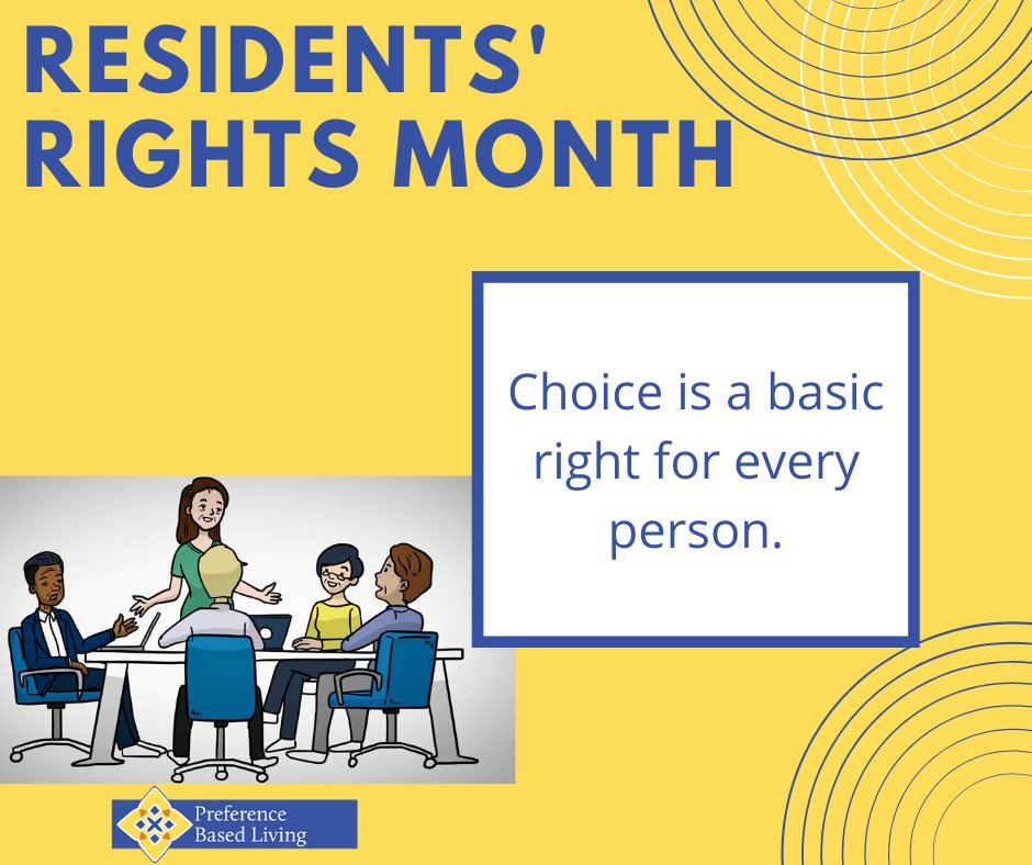 PrefBasedLiving's tweet photo. Choice is a basic right for every person. Research shows that the positive feelings associated with choice and autonomy boost physical and mental well-being among individuals of all ages, and in particular among older adults! #ResidentsRightsMonth #PELI #StandForQuality #PCC https://t.co/qU53HTRQw3