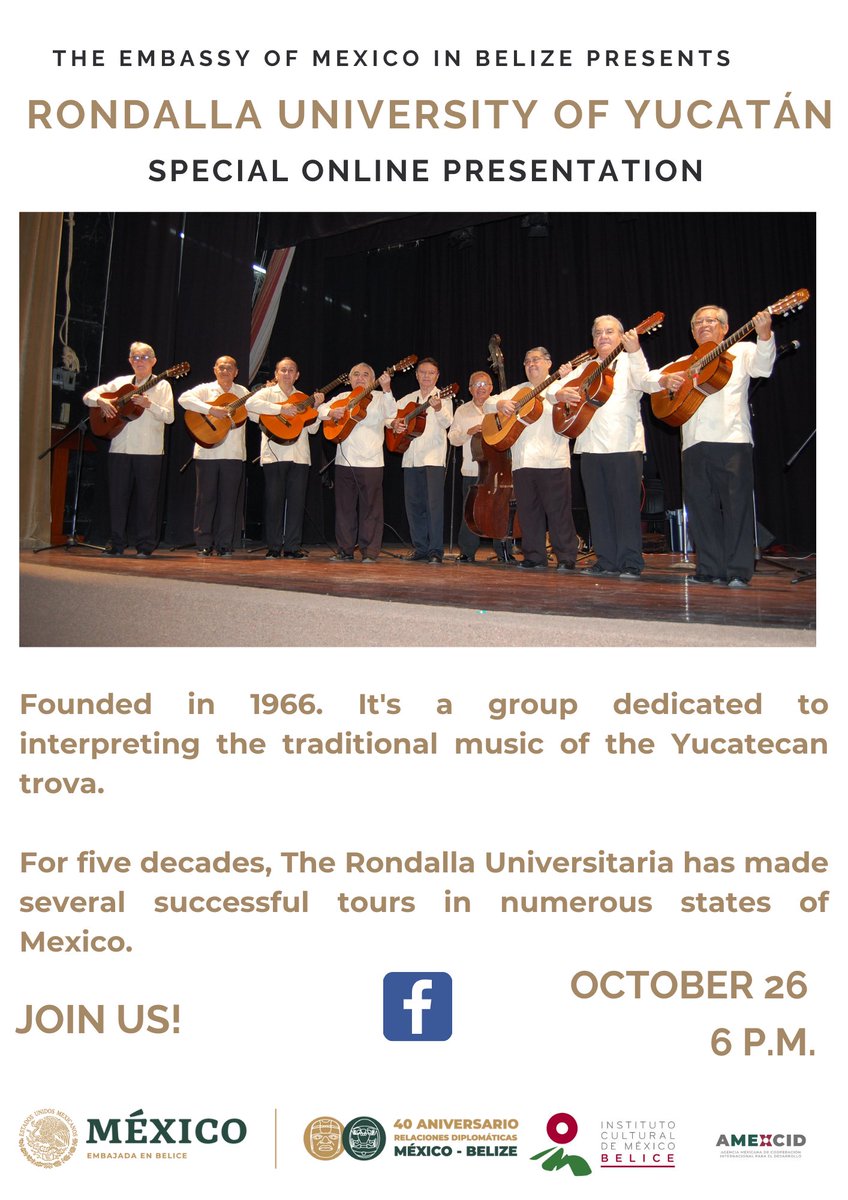 EmbaMexBee's tweet photo. ‼️📣 SAVE THE DATE and join us tomorrow at 6:00 P.M. with this special presentation. 

Be part of this celebration! #40YearsMxBz 🇲🇽🇧🇿 #ICMBelize https://t.co/fNeipv3iH1
