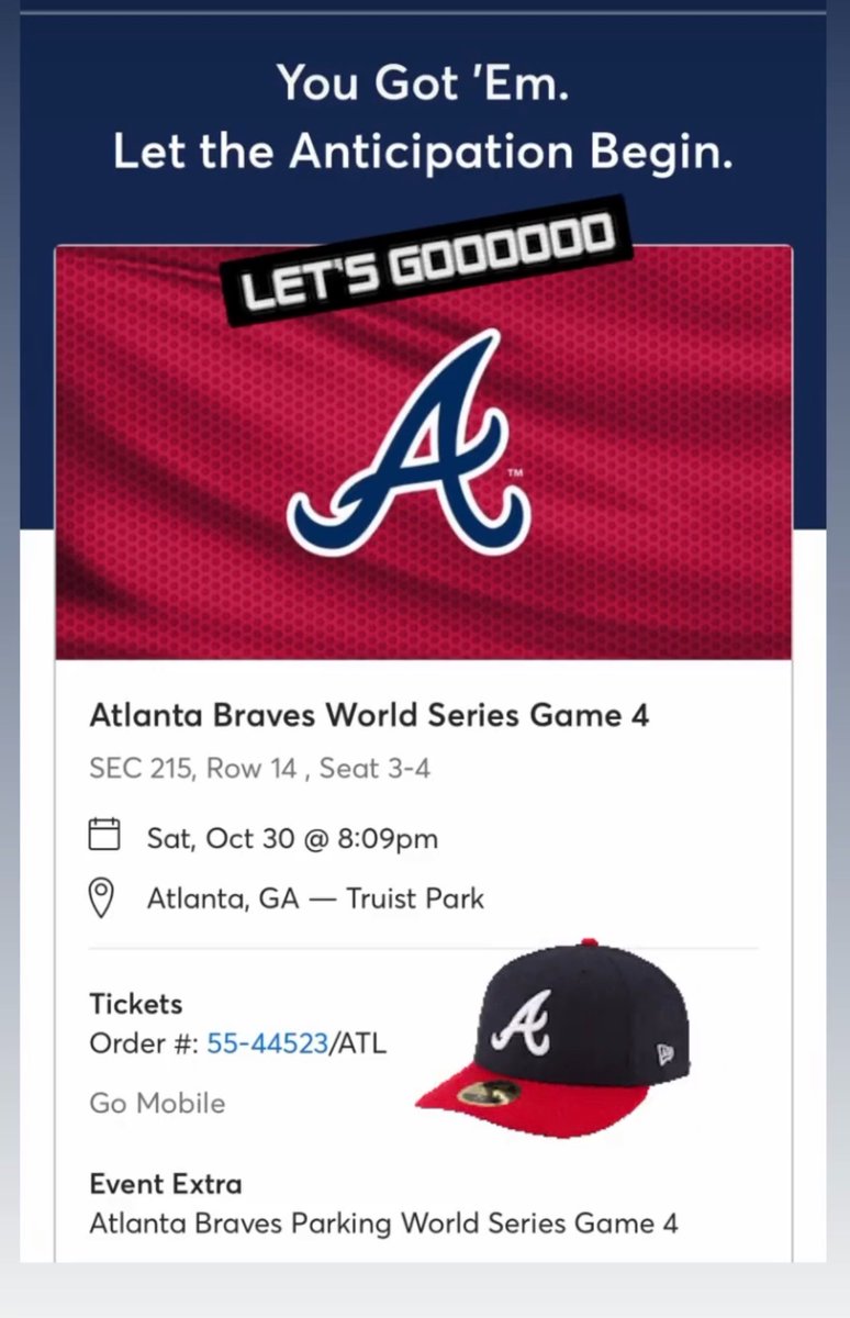 coachpeckham's tweet photo. Let’s GOOOO 🎟 ⚾️ #WorldSeries #ChopOn #BattleATL https://t.co/UH1dTIbetV
