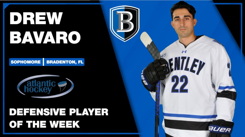 BentleyHockey's tweet photo. Drew Bavaro was named the Atlantic Hockey Defensive Player of the Week today.

Drew had one goal in each game of the Holy Cross series, including the game-winner in Thursday's 4-2 road win.

He has a goal in 3 straight games, going back to the BC game on Oct. 16.

Congrats, Drew! https://t.co/eYD96W6RoN