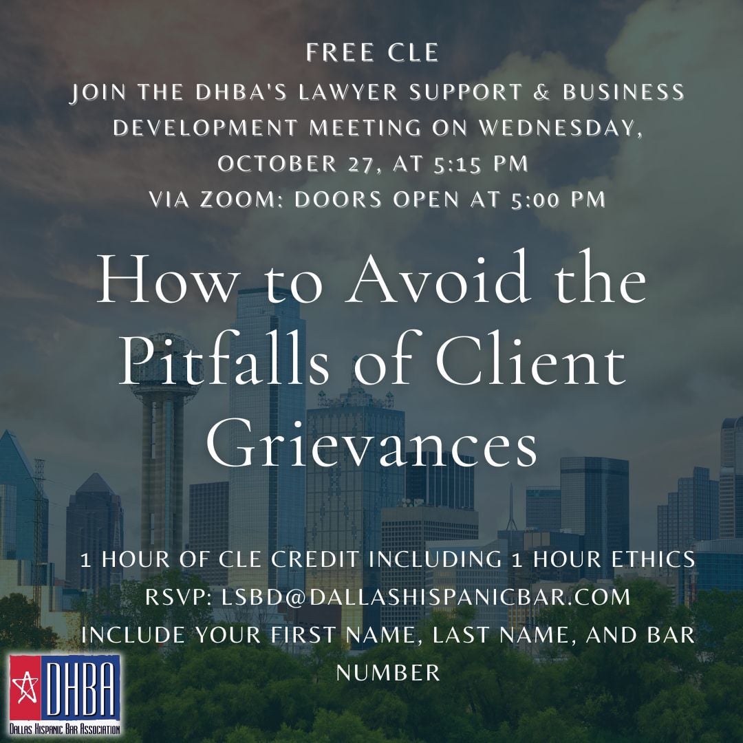 Dallas Hispanic Bar (@dallashba) on Twitter photo Our Lawyer Support & Business Development Committee is hosting a free Zoom CLE next Wednesday at 5:15! To join, RSVP to LSBD@dallashispanicbar.com and provide your first name, last name, and bar number. Our Lawyer Support & Business Development Committee is hosting a free Zoom CLE next Wednesday at 5:15! To join, RSVP to LSBD@dallashispanicbar.com and provide your first name, last name, and bar number.