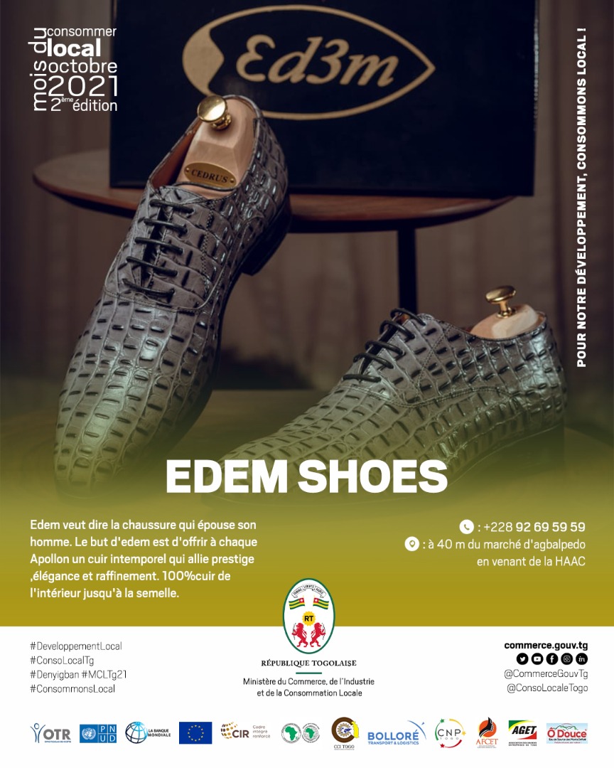 <a href="/ConsoLocaleTogo/">Le Mois du Consommer Local</a> 

Aujourd’hui, nous vous emmenons à la découverte de #Edem_Shoes, marque de chaussure propulsée par Odile Tchaou, une ingénieure génie civil togolaise qui allie prestige, élégance, raffinement et accessible à tous les Apollons.

<a href="/GouvTg/">Gouvernement Togolais</a> <a href="/UEMOA_Officiel/">UEMOA_Officiel</a> 

#MCLTg21