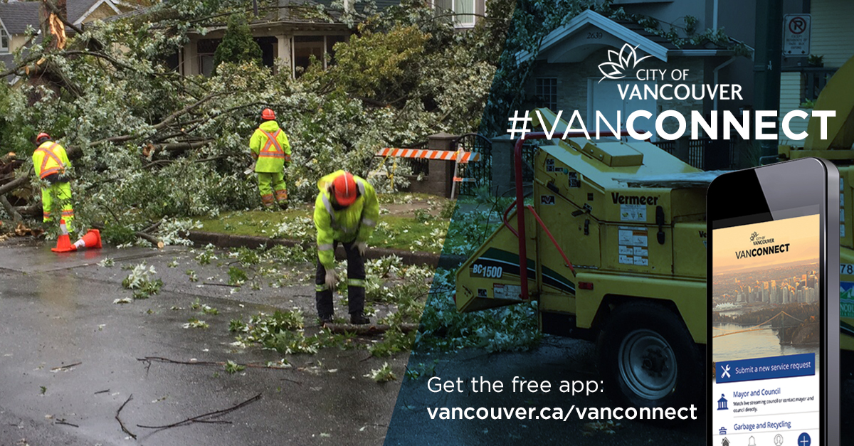 Heads up: There’s a wind warning with gusts of up to 70 km/hour expected for #Vancouver. Stay safe out there and avoid wooded areas/large trees. Please report fallen branches or other issues via our VanConnect app or website 👉vancouver.ca/vanconnect. #BCStorm