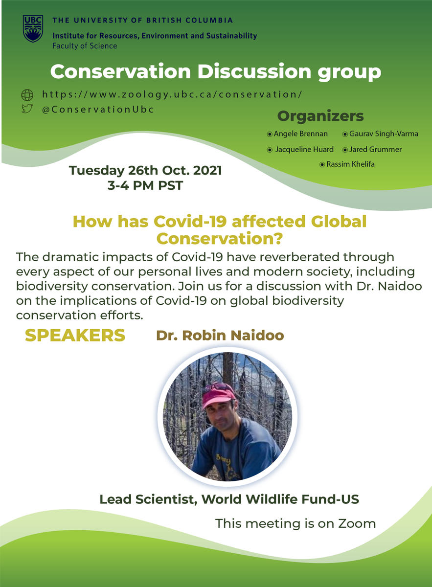 Hope everyone is having a splendid Monday! Join us tomorrow, Tuesday October 26 @ 3-4pm PST, to discuss the implications of Covid-19  on global biodiversity conservation efforts with Dr. Robin Naidoo ( lead scientist at WWF-US). For more info, look us up at our CDG website!