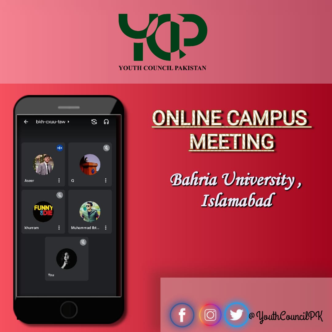 YouthCouncilPK's tweet photo. The Online Campus Meeting of Youth Council 🇵🇰 - Bahria University Islamabad was held in which the new members were welcomed &amp; enlightened with the mission, vision &amp; working of Youth Council 🇵🇰
The meeting was chaired by Miss Sana Ahmad-Campus Head YCP Bahria University Islamabad. https://t.co/2X4r3TbT6s