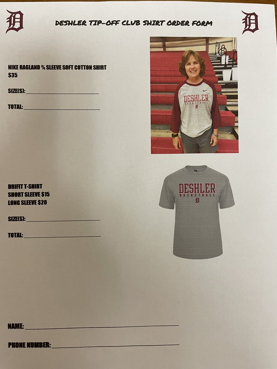 The Tip-Off club is selling these Nike Ragland 3/4 soft cotton shirts for $35 &amp; these short sleeve dry fit for $15 and long sleeve dry fit for $20. If you would like one, please send Coach Pounders or Coach Killen a message or come by the DHS main office. Thank you!