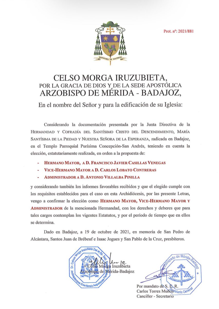 ELECCIONES JUNTA GOBIERNO | Celebradas las elecciones a la Junta de Gobierno de la Hermandad y Cofradía del Santísimo Cristo del Descendimiento, María Santísima de la Piedad y Nuestra Señora de la Esperanza el pasado 17 de octubre, se ratifica por nuestro <a href="/ArchiMridaBadaj/">Archi Mérida-Badajoz</a>