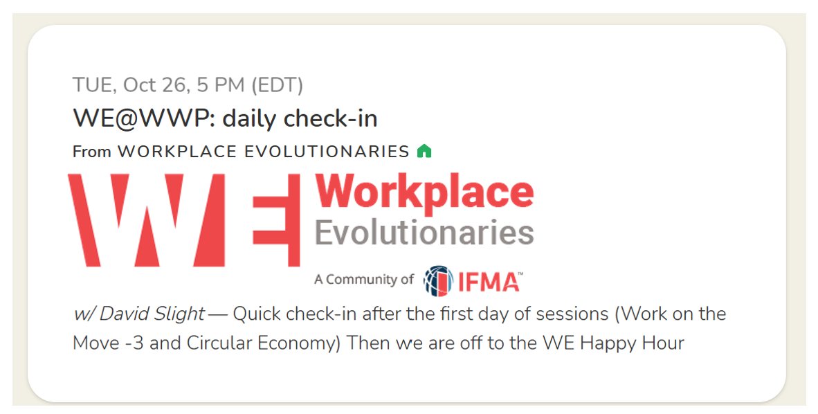 And here is the link for our daily check-in (clubhouse)
5:00PM EST Tuesday Oct 26th

Ask questions from WE members and Leaders who are at the conference before they head off to the WE:Happy Hour, registration: clubhouse.com/event/mWOvOkBy