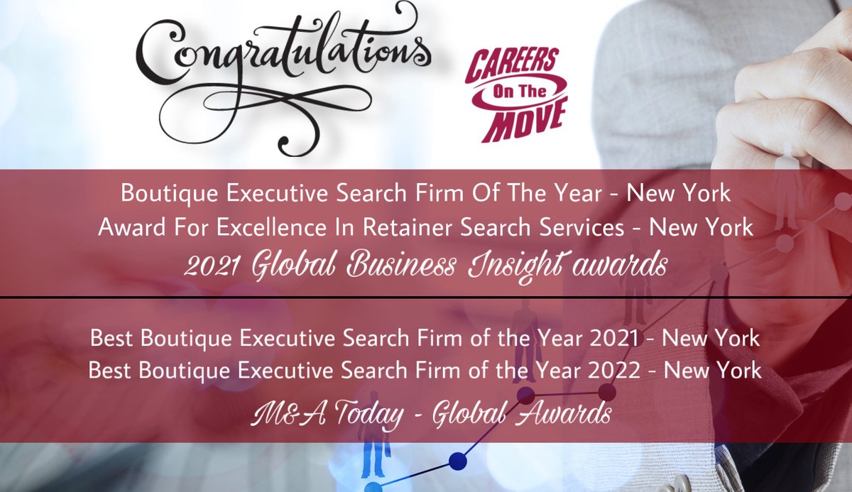 CareersonMove's tweet photo. Careers On The Move is honored to receive recognition from both Global Business Insights and M&A Today - Global Awards. #CareersOnTheMove #executivesearch #searchfirm #retainedsearch #womeninbiz #womenownedbusiness #womanentrepreneur #awardwinner #newyorkcity #businessowner https://t.co/Ql165LTlC9