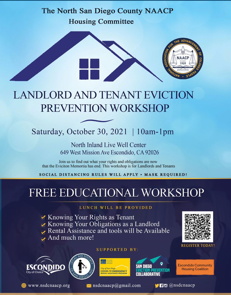 The North San Diego County NAACP will be hosting an educational workshop for landlords and tenants on Saturday, October 30 at the North Inland Live Well Center.