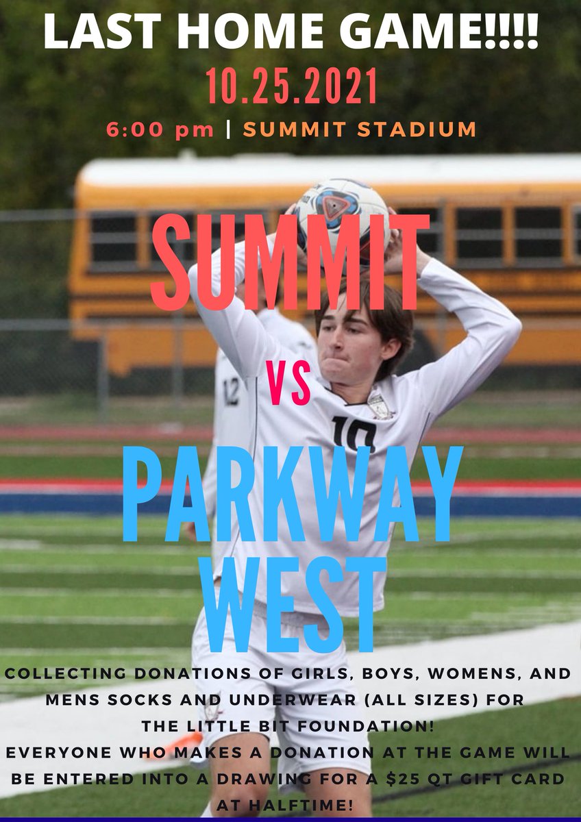LAST HOME GAME Tues, 10/26, vs Parkway West at 6pm! JV is at 4:15pm.

Collecting donations of girls/boys/womens/mens socks &amp; underwear (all sizes) for the Little Bit Foundation!  

A donation upon entry to the game will enter you into a drawing for a $25 QT gift card at halftime!