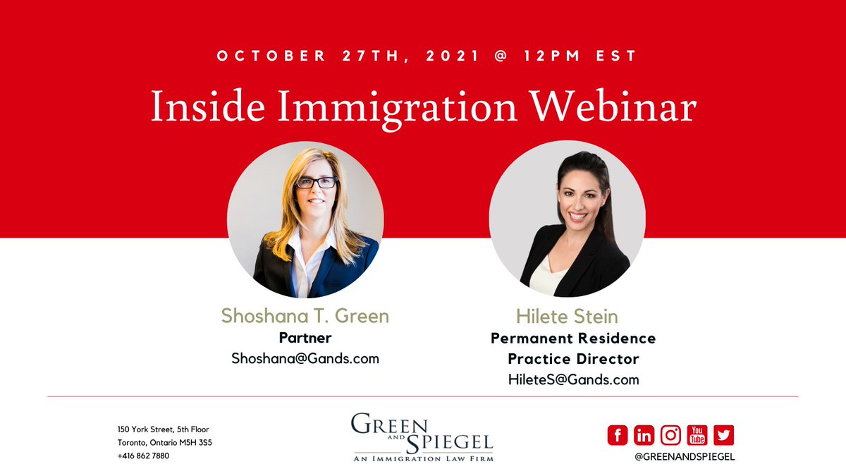 GreenAndSpiegel's tweet photo. Interested in Canadian immigration amid #COVID19? Join our upcoming webinar featuring @shoshgreen and @Hiletestein for the latest news, insights and expertise #InsideImmigration! Taking place on October 27th at noon, register today to secure your spot.  https://t.co/aVxUmvA8uy 🇨🇦 https://t.co/2CpdYdxjih