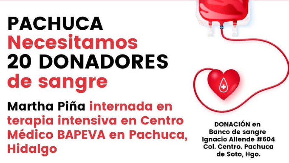 Número de contacto 
5543505213 necesitamos donadores en #Pachuca <a href="/TraficoPachuca/">Trafico Pachuca</a> <a href="/ConectaPachuca/">Conecta Pachuca</a> <a href="/Tuzos/">Club de Futbol Pachuca</a> <a href="/RadioUAEH/">Radio UAEH Pachuca 99.7 FM</a> <a href="/PachucaInforma/">Pachuca Informa</a> <a href="/PachucaVIVE/">Pachuca VIVE</a> <a href="/TuzosFemenil/">Club de Futbol Pachuca Femenil</a> <a href="/guillermochoa/">Guillermo Ochoa</a> <a href="/raquelgarzac/">raquel garza</a> <a href="/inakimanero/">Iñaki Manero</a> <a href="/XavierVelasc0/">Xavier Velasco</a> <a href="/MonyGalletas/">Mony Galletas</a> <a href="/SrInsoportable/">Alex</a>  <a href="/Horacitu/">Horacio Villalobos</a> me ayudan con RT