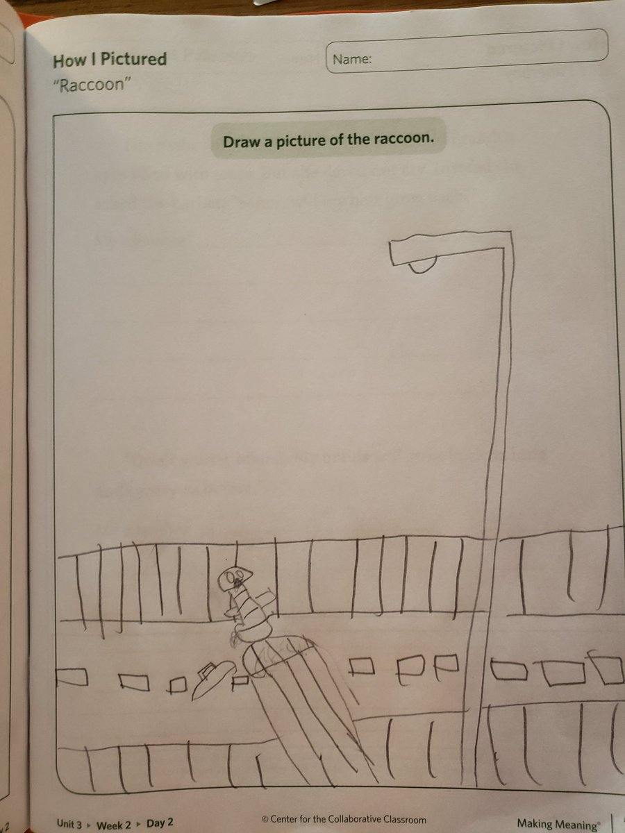 We worked on some visualization,  listening to a poem about a raccoon  "stealing his dinner and making a mess". Loved seeing what these kids came up with!
