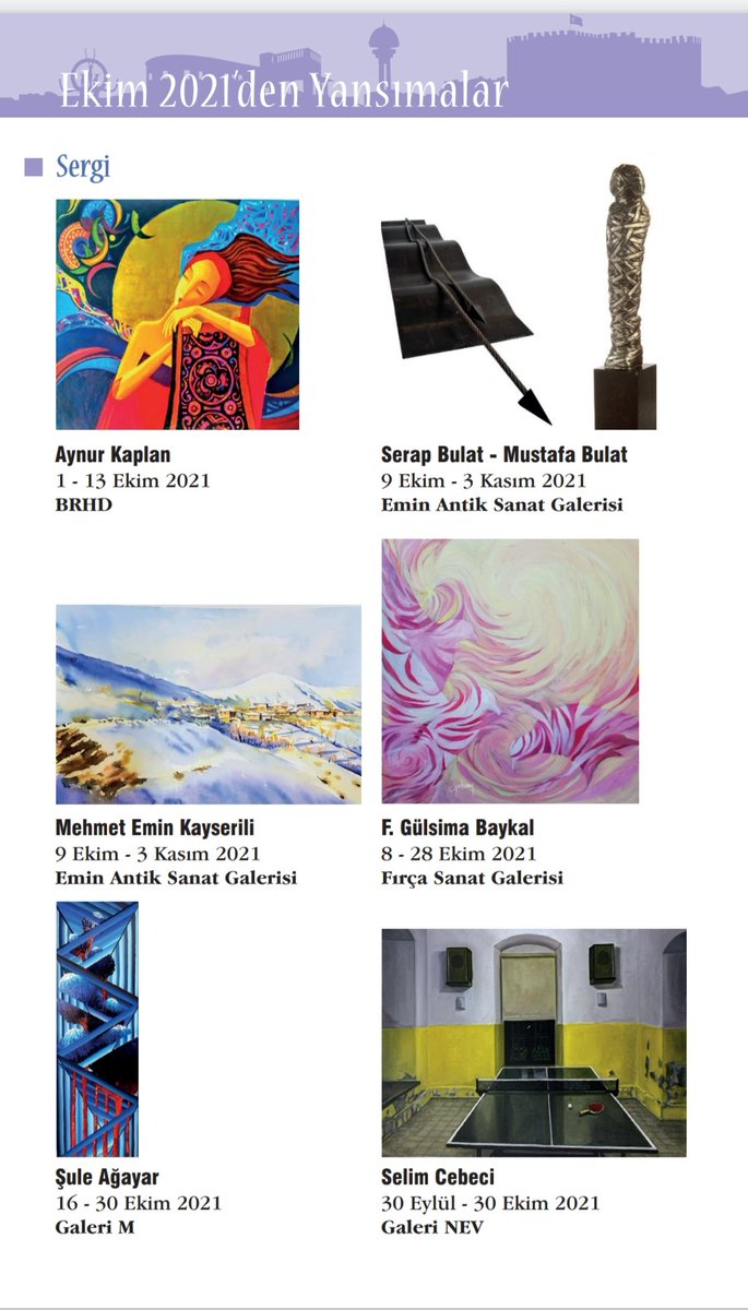 Yıl:29 Sayı:284 Ekim 2021 Yansımalar 
Sergi

@arkadaskultursanat
#ArkadasAnkaraKültürSanat 

#Armoni
#BRHD
#EminAntik
#FırçaSanat
#GrupSanat
#GaleriSoyut
#GaleriM
#GaleriNev
#Keskinok
#Kirişna
#PlatformA
#RosettaArt
#SevgiSanat
#SiyahBeyaz
#ZiraatÇukurambar