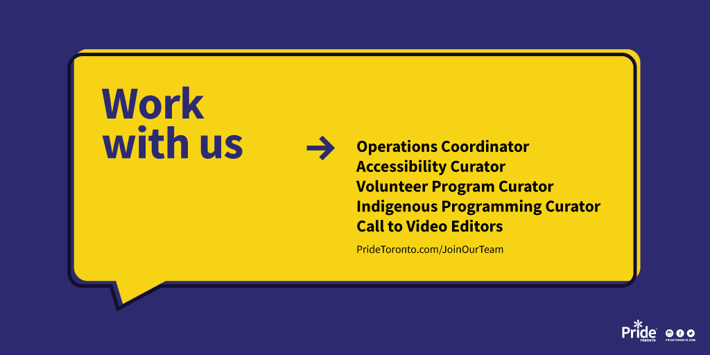 PrideToronto's tweet photo. We're currently looking for an Operations Coordinator, Accessibility Curator, Volunteer Program Curator, Indigenous Programming Curator, and Call to Video Editors. For more info, visit https://t.co/SVZ7fnSXVo and click on Staff Positions.
#PrideToronto #Pride40 https://t.co/9K2uinwRD8
