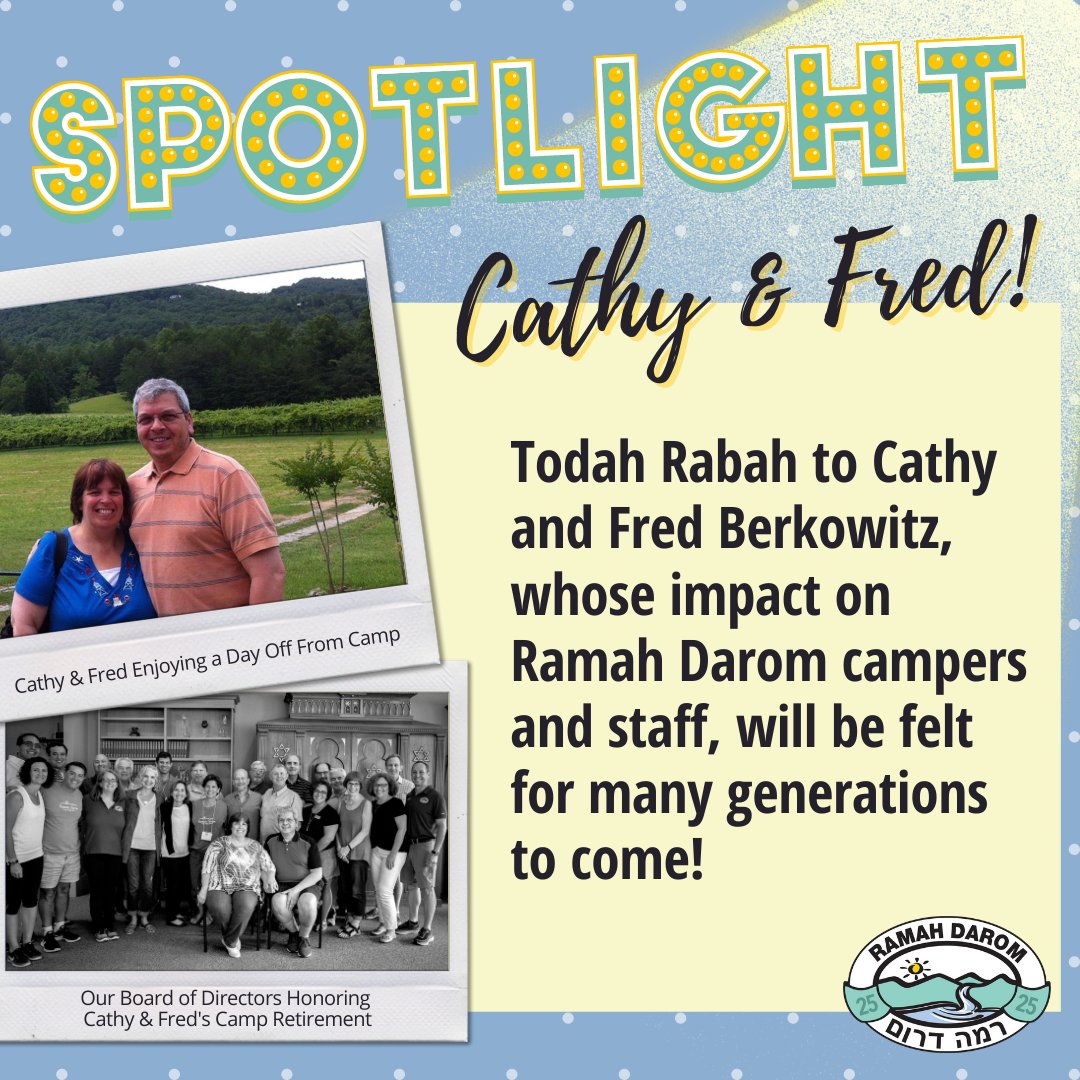 RamahDarom's tweet photo. Todah Rabah, Cathy and Fred! We are forever grateful for your years of educating, inspiring, organizing and caring for Ramah Darom campers and staff. #RAMAHrkable25 https://t.co/V4eeb4UX5A