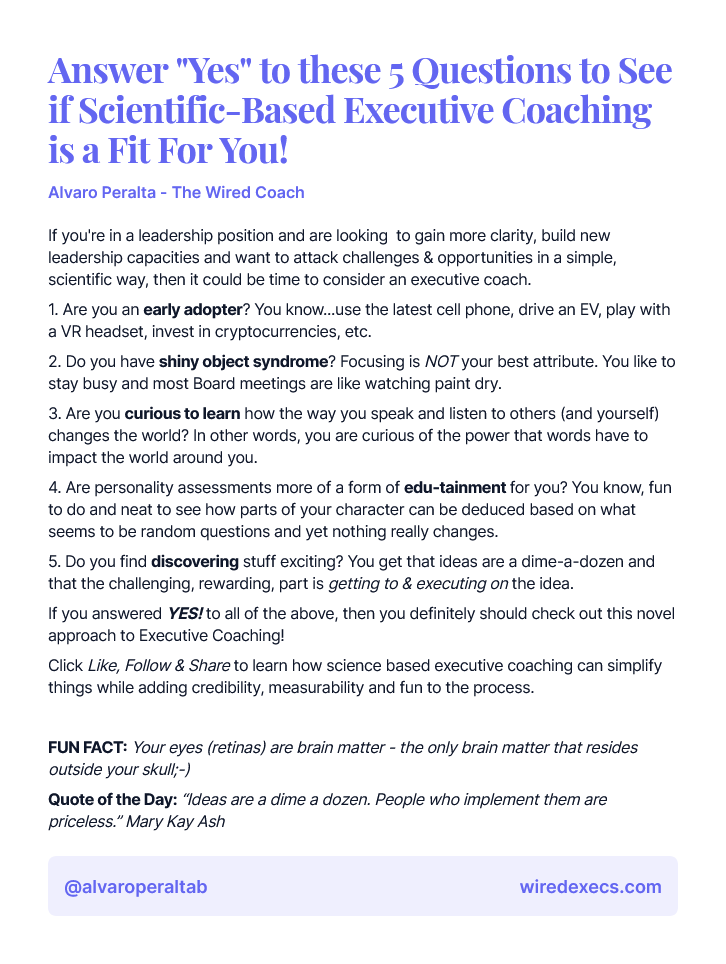 alvaroperaltab's tweet photo. Is Executive Coaching part Art, mainly Science?
#executivecoaching #leadershipdevelopment #neuroscience #lifechoices #virtualrealitycoaching #vrcoaching #CIQ https://t.co/nxFdX8CuTb