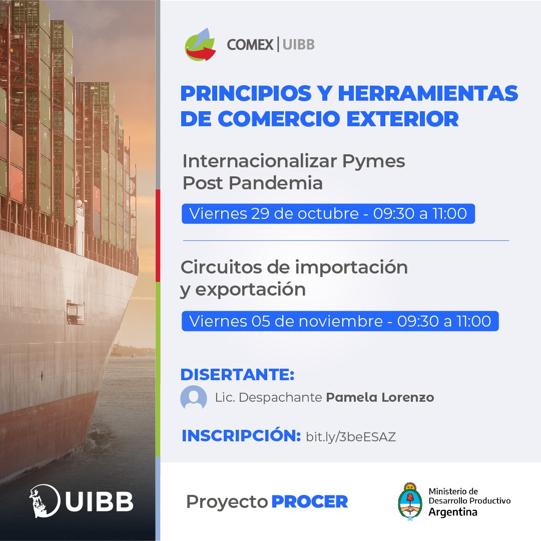 UIBBindustria's tweet photo. Los invitamos a participar de la capacitación "Principios y Herramientas del Comercio Exterior" a cargo de la Lic. Despachante Pamela Lorenzo, enmarcada en el Programa de Competitividad de Economías Regionales (PROCER) de @produccion_arg .
#UIBB #PROCER #ComEx #PyMEs https://t.co/2VhZRElyrg
