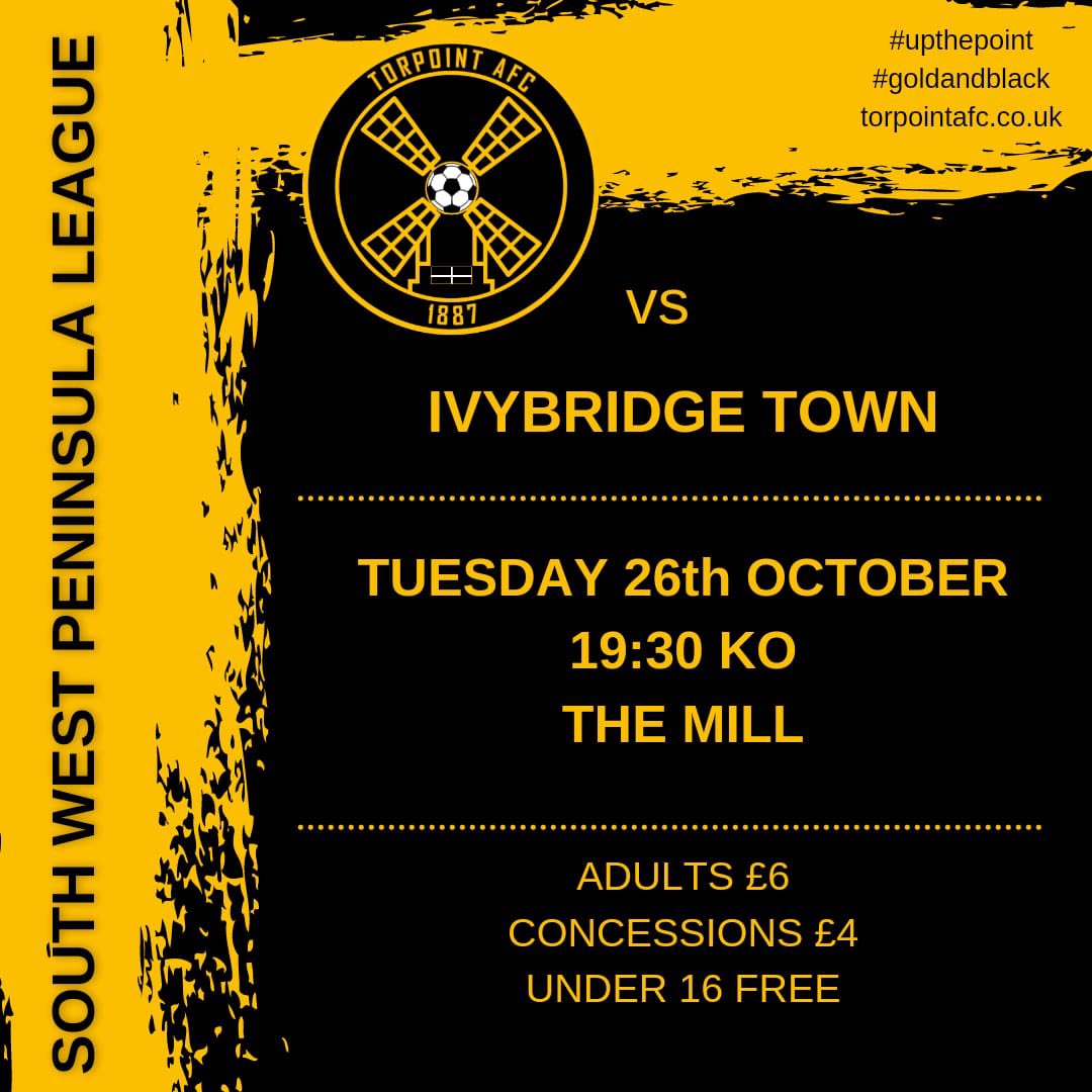 torpointafc's tweet photo. TUES | Back to @swpleague action tomorrow night against @Ivytownfc at The Mill. 

#goldandblack #upthepoint #underthefloodlights #CornishFootball https://t.co/JyOSJ7RBJV