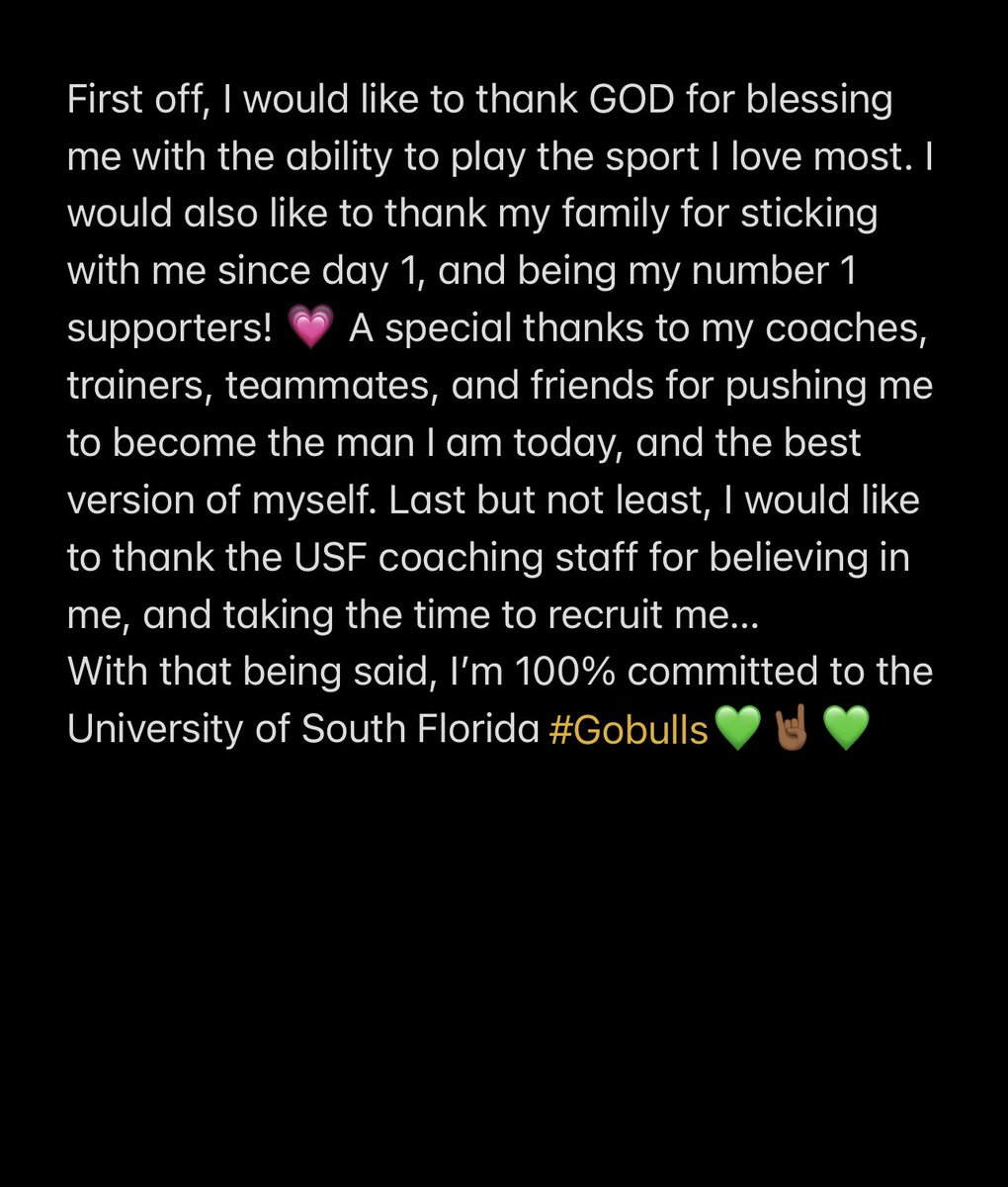 100% committed <a href="/USFFootball/">USF Football</a> <a href="/coach_jeffscott/">Coach Jeff Scott</a> <a href="/PalmettoPrepMM/">Palmetto Prep Post-Grad Football</a>  #HornsUp #US2F 💚🤘🏾💚